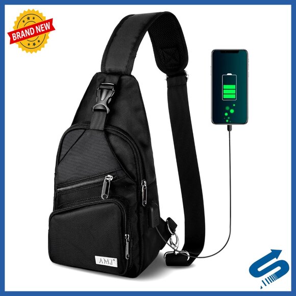 Unisex Nylon Sling Bag Adjustable Strap Multi-Pocket Daypack Hiking Travel